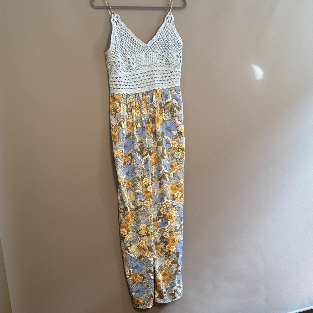 BOG Collective Crochet-Top Floral Jumpsuit in Blue and Yellow